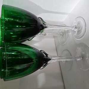 Murano Emerald Green Tulip Stem Blown Glass Water/Wine Goblets, Set of 4